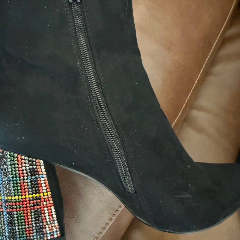 Betsey Johnson | Black Suede Boots with Multi Color Heel - Picture 8 of 11
